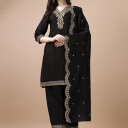 KALINI Ethnic Motifs Embroidered Thread Work Straight Kurta With Palazzos & Dupatta-picture-16