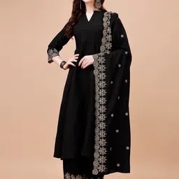 KALINI Mandarin Collar Thread Work Anarkali Kurta with Palazzos & With Dupatta-4