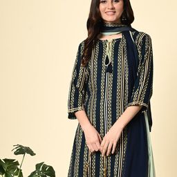 DOISA Floral Printed Tie-Up Neck Straight Kurta With Trousers & Dupatta-image-78