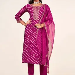 Sangria Leheriya Printed Embroidered Straight Kurta With Trousers & Dupatta-19