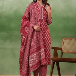 Sangria Maroon Printed V-Neck Pure Cotton Straight Kurta With Trousers & Dupatta-picture-31