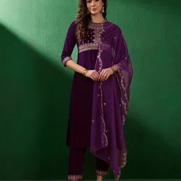 Sangria Purple Embroidered Sequenced Velvet Kurta & Trousers With Dupatta-72