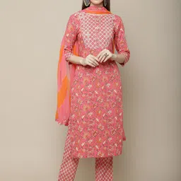 Sangria Women Pink Floral Printed Pure Cotton Kurta with Trouser & Dupatta-picture-10