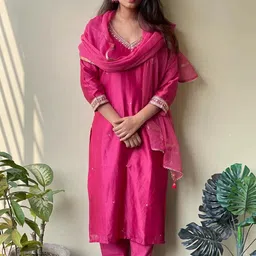 KALINI Thread Work V-Neck Straight Kurta with Trousers & With Dupatta-picture-31