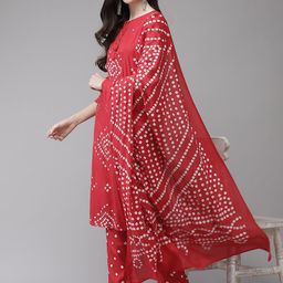 Ishin Women Red Bandhani Printed Kurta with Trousers & Dupatta-picture-55