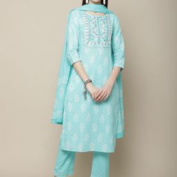 Sangria Women Blue & White Embroidery Printed Kurta Set-42