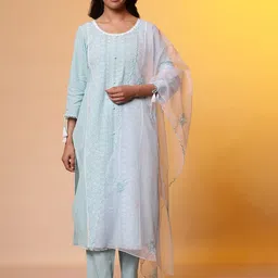 AURELIA Floral Embroidered Sequinned Pure Cotton Kurta With Trouser & Dupatta-picture-24