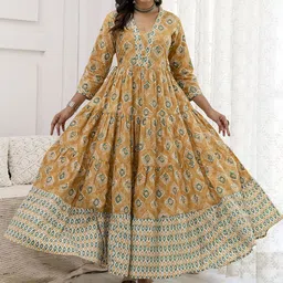 GLAM ROOTS Ethnic Motifs Printed V-Neck Tiered Pure Cotton Anarkali Kurta-image-12