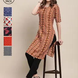 KALINI Women Multicoloured Geometric Striped Flared Sleeves Gotta Patti Block Print Crepe Kurta-image-93