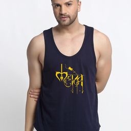Friskers Men Navy-Blue & Yellow Mahadev Printed Pure Cotton Gym Vest-image-13
