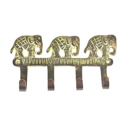 Indianshelf Bronze & Green Elephant Patterned Brass Wall Hooks Key Holder-image-6