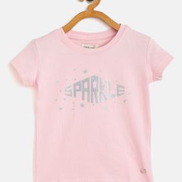 Gini and Jony Infant Girls Peach-Coloured & Silver Typography Print Round Neck T-shirt-image-3