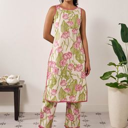 anayna Floral Printed Round Neck Thread Work Straight Kurta with Trousers-56