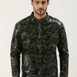 Leather Retail Men Green & Black Printed Leather Jacket-32