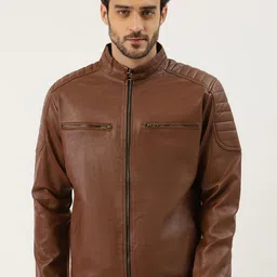 Leather Retail Men Brown Solid Leather Jacket-38