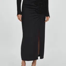MANGO Flower-Detail Ruched Side Slit Midi Skirt-picture-46