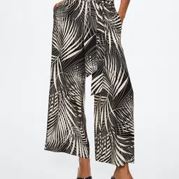 MANGO Women Black Tropical Printed Culottes Trousers Comes with a Belt-image-12
