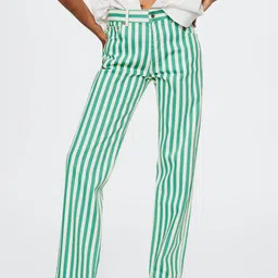 MANGO Women White & Green Striped Straight Fit Jeans-picture-19
