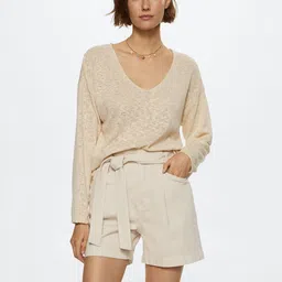 MANGO Women Beige Solid Knitted Pullover-image-29