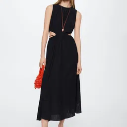 MANGO Black Solid Cut-Out A-Line Midi Dress with Tie-Up Closure-image-33
