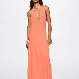 MANGO Coral Orange Solid Plunge Neck Maxi Dress-image-69