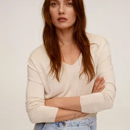 MANGO Women Beige Solid Pullover-image-47