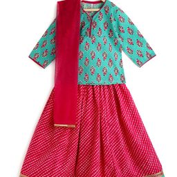 Campana Girls Magenta & Turquoise Blue Printed Ready to Wear Lehenga & Blouse With Dupatta-image-32
