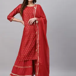 Rangriti Women Red Printed Regular Kurta with Sharara & Dupatta-16