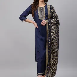 Rangriti Women Navy Blue Yoke Design Thread Work Kurta with Trousers & With Dupatta-picture-6