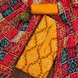 KALINI Floral Embroidered Mirror Work Pure Cotton Unstitched Dress Material-image-34
