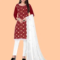 KALINI Maroon & White Embroidered Pure Cotton Unstitched Dress Material-7