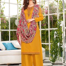 Shaily Mustard Yellow & Pink Embroidered Pure Cotton Unstitched Dress Material-picture-4