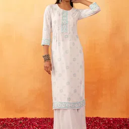 Rang by Indya Ethnic Motifs Printed Lace Detail Mirror Work Kurta-image-42