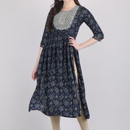 ANUTTARA FASHIONS Bandhani Printed Round Neck Thread Work A-Line Kurta-image-68