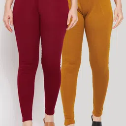 Clora Creation Women Pack Of 2 Maroon & Mustard Solid Ankle-Length Leggings-image-69