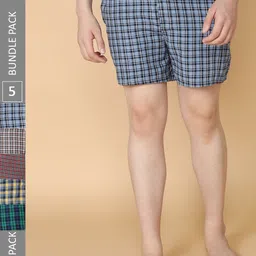 LUX VENUS Men Pack Of 5 Assorted Checked Pure Cotton Boxers-image-12