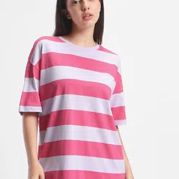 Bewakoof Off White & Pink Striped Oversized T-shirt-picture-8