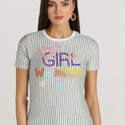 shashvi Women Grey Striped Embellished T-shirt-picture-3