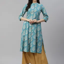 Divena Women Turquoise Blue & Beige Pure Cotton Ethnic Motifs Print Kurta-54