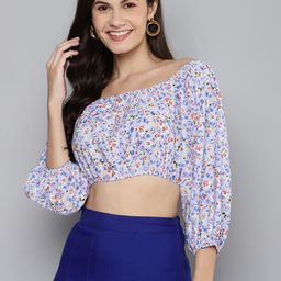 SASSAFRAS Blue & Rust Floral Print Blouson Crop Top-image-86