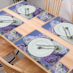 Kuber Industries Set of 6 Blue & Pink Floral Printed Table Placemats & Coasters Set-34