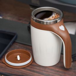 Kuber Industries Brown Stainless Steel Matte Battery Operated Travel Mixing Cup - 380 ML-52