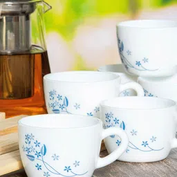 Cello White & Blue Set of 12  Floral Printed Opalware Glossy Cups Set 130ml-13