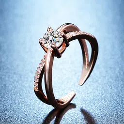 Jewels Galaxy Rose Gold Plated American Diamond Studded Cross Shape Adjustable Finger Ring-49