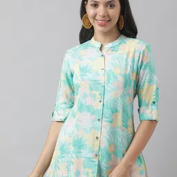 Divena Floral Print Mandarin Collar Roll-Up Sleeves A-line Shirt Style Top-picture-20