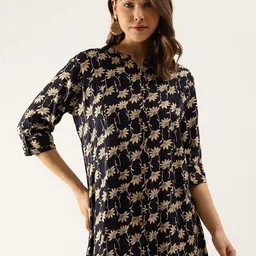 Divena Floral Printed Mandarin Collar Shirt Style Longline Top-10