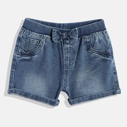 mothercare Girls Washed Regular Fit Mid-Rise Stretchable Denim Shorts With Bow Detail-picture-5