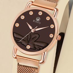 Septem Women Brown Embellished Dial & Rose Gold Toned Stainless Steel Bracelet Style Straps Analogue Watch-image-119