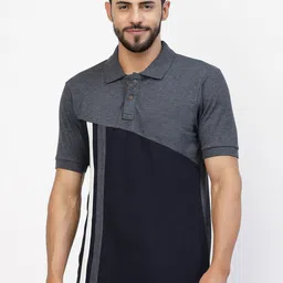 Kalt Colourblocked & Striped Polo Collar T-shirt-image-35