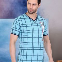 AXMANN Checked V-Neck Cotton T-shirt-image-65